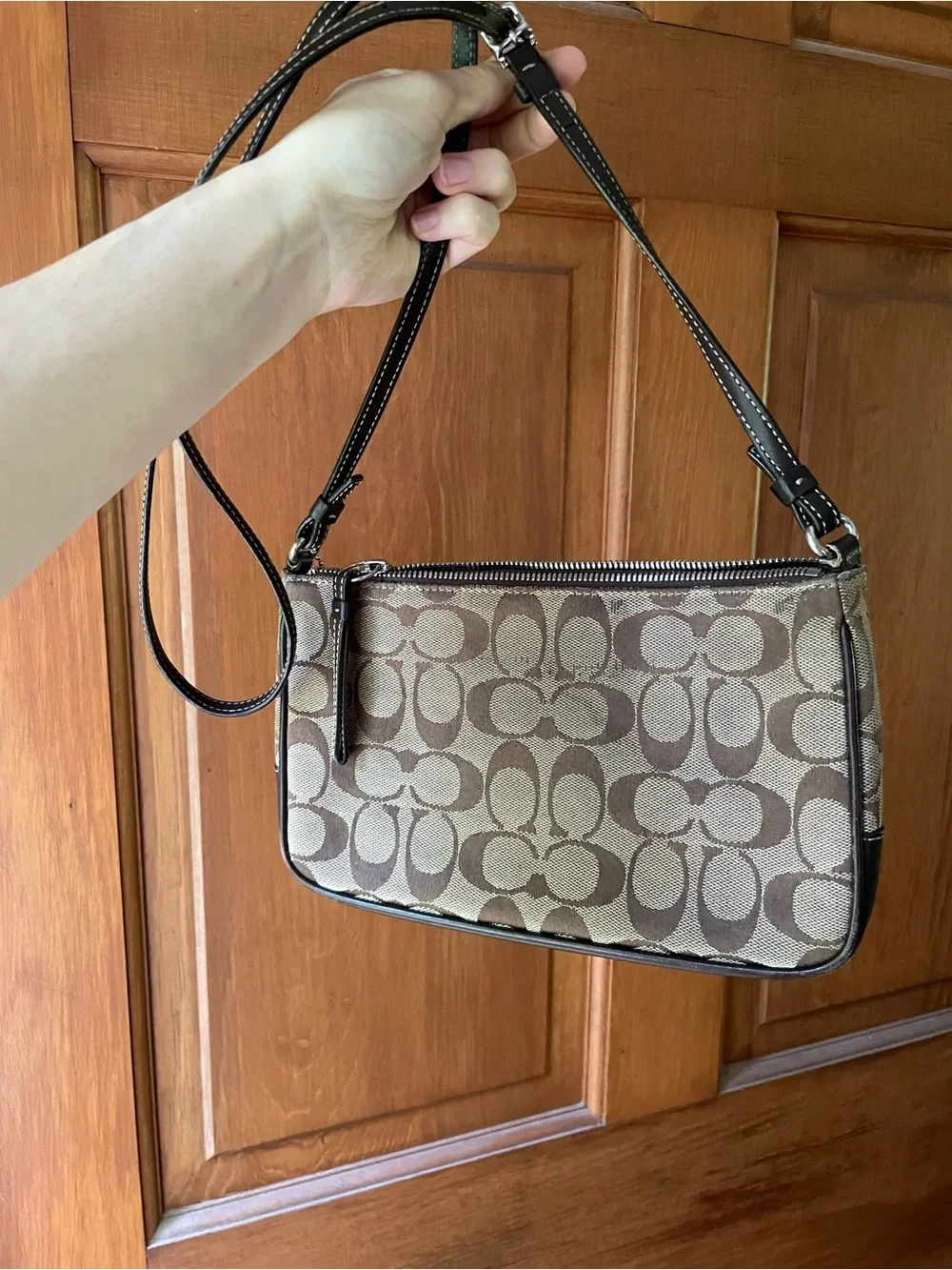 🫒vintage Coach Signature Stripe small shoulder bag in khaki and brown 6338🫒